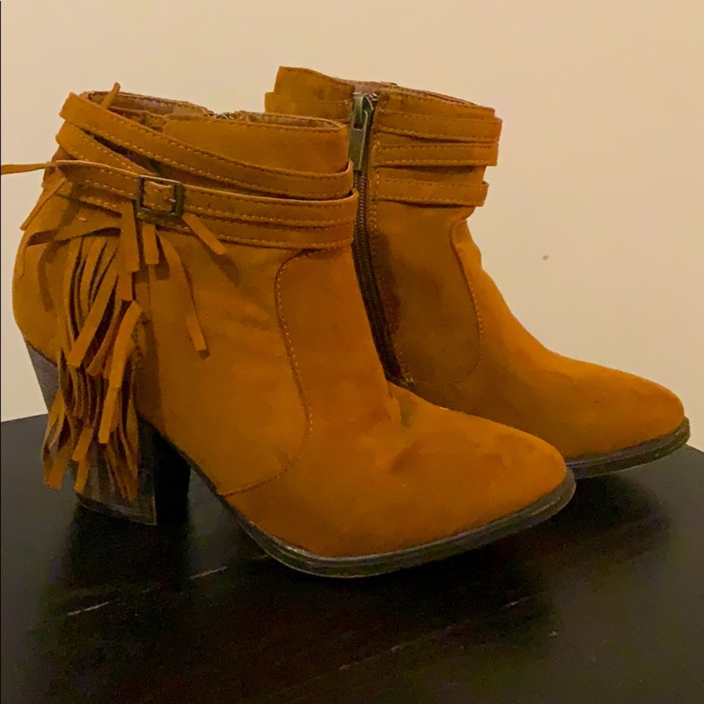 Vegan suede cognac fringe ankle booties with heel